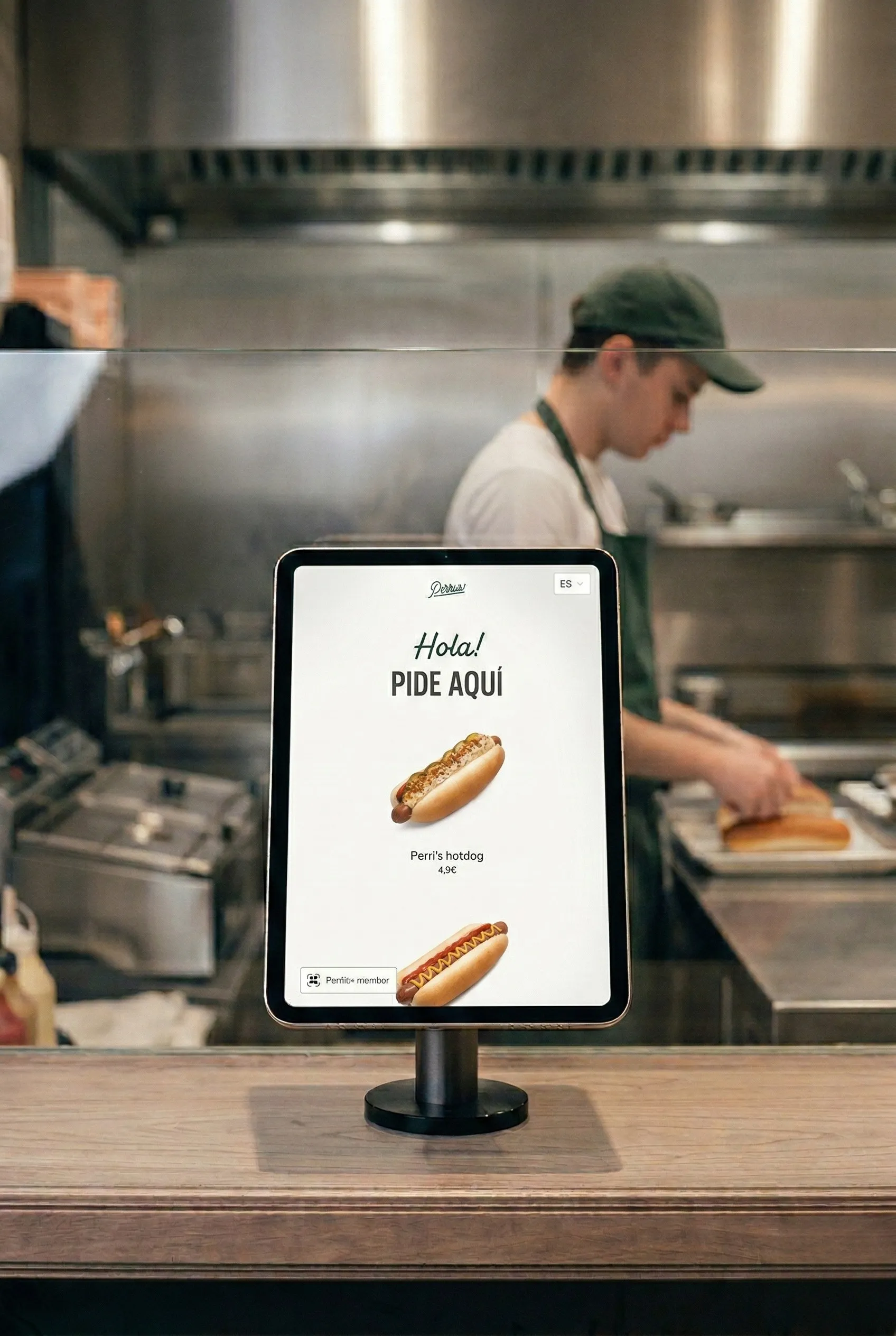 Kiosco de autoservicio en el mostrador de un restaurante de comida rápida